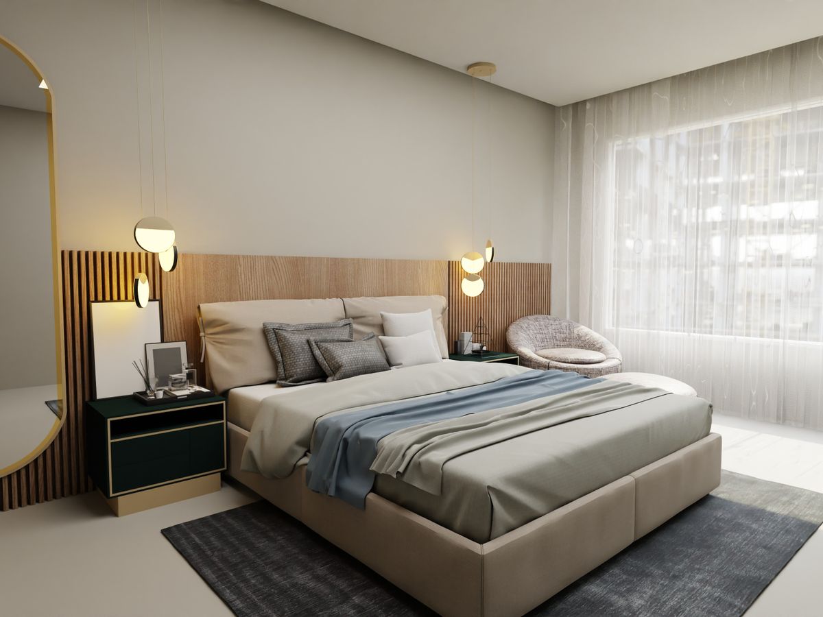 A cozy bedroom with a framed mirror as decor, mounted damage-free