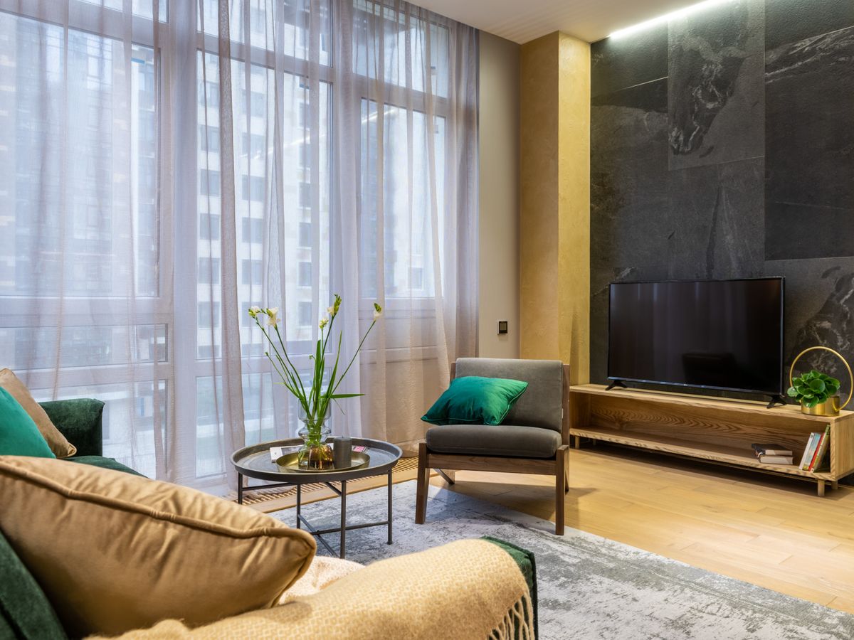 Modern living room with a television on a freestanding low stand beside large windows