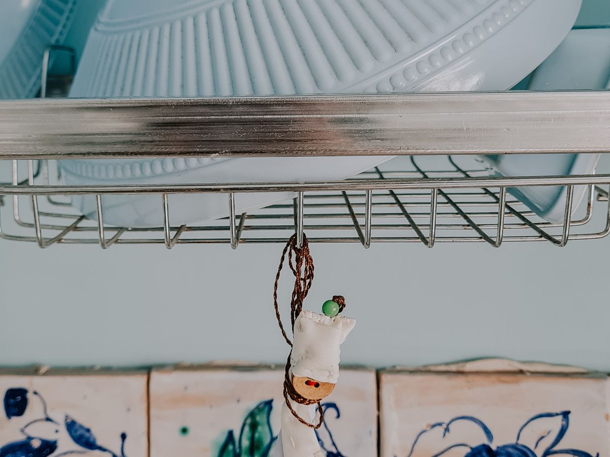 A close-up of kitchen wall tile detail behind a counter