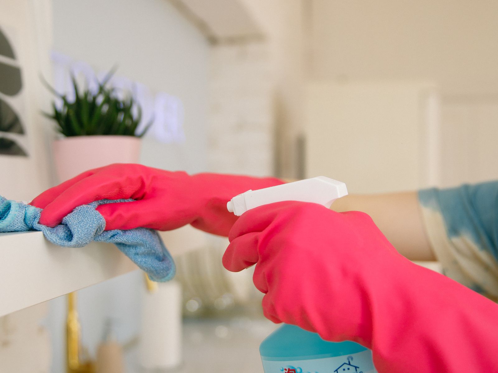 Spraying and wiping shelves during a move-out deep clean