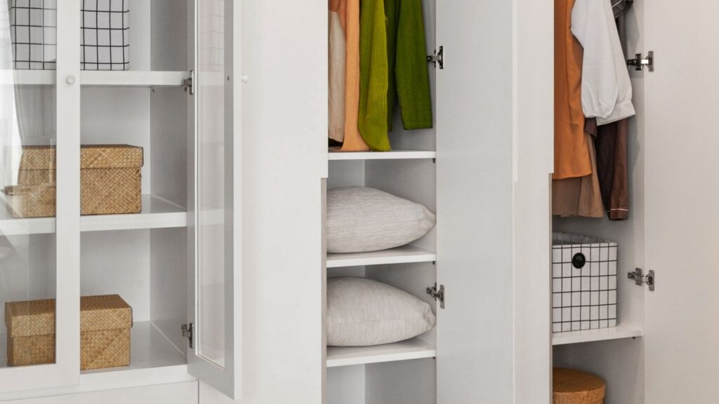 An organized rental closet with clothes and storage solutions