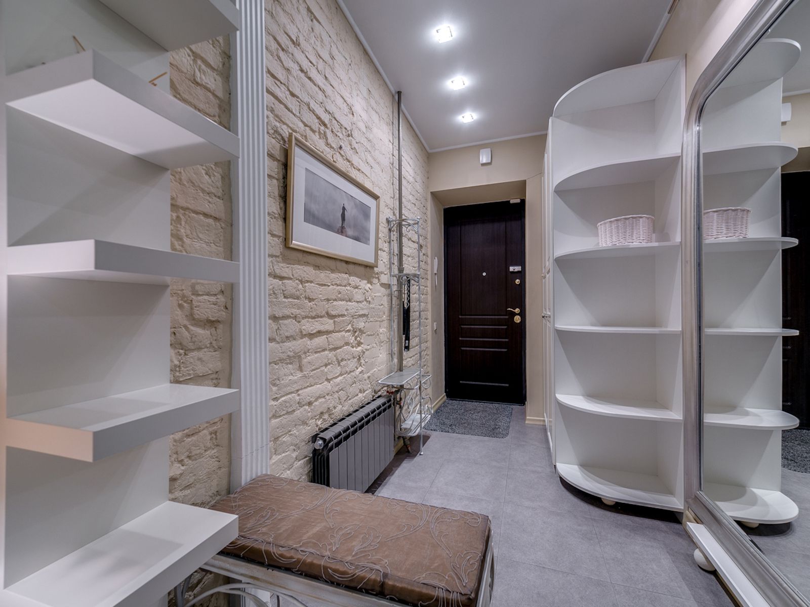 multipurpose entryway storage bench and shelving in a rental