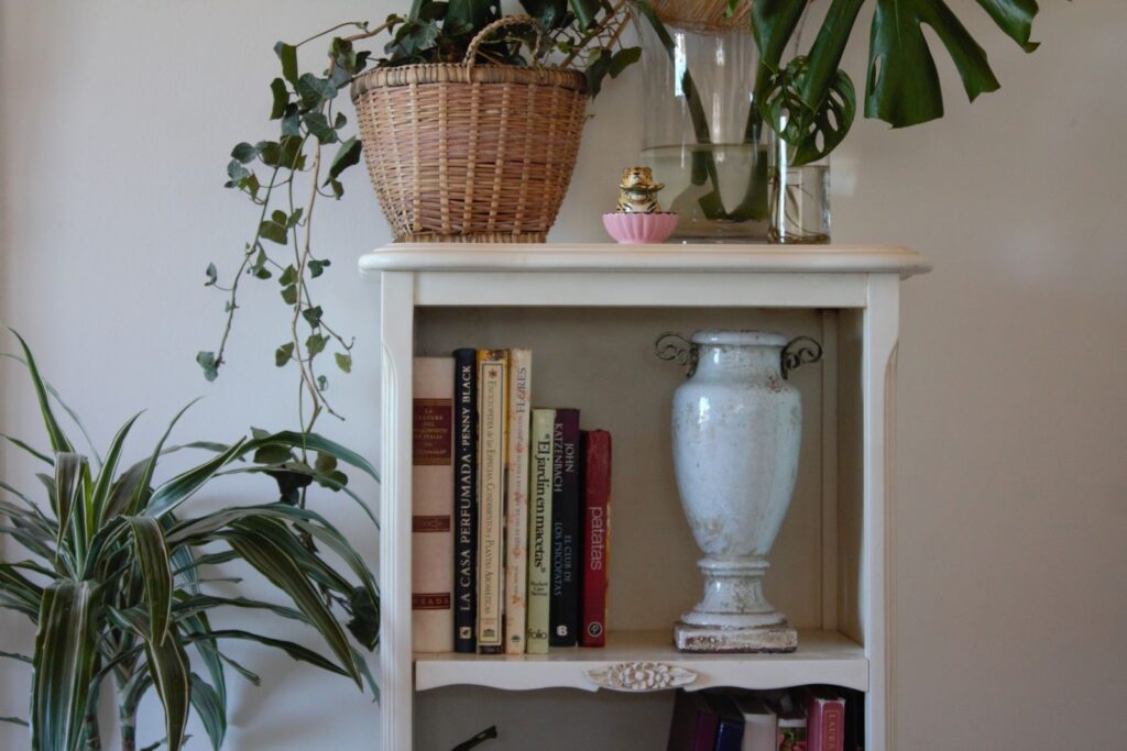 Freestanding shelving showing vertical storage ideas that do not touch the walls
